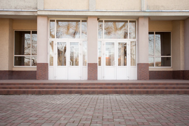 School doors and front steps.