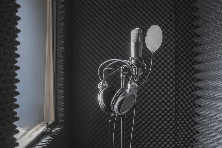 A pair of headphones and a mic in a recording studio.