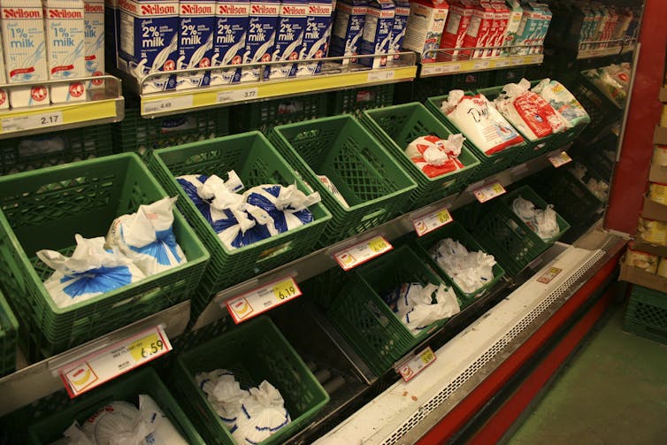 Milk in bags and cartons in a refrigerated shelf in a grocery store.