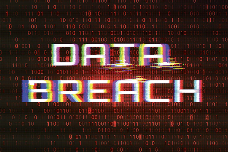 A black background covered with red ones and zeros with words data breach superimposed