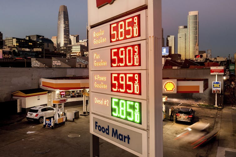 A gas station sign shows the prices of different types of gasoline with a gas station in the background