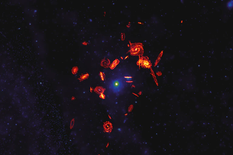 orange spiral galaxies on a dark navy blue universe background
