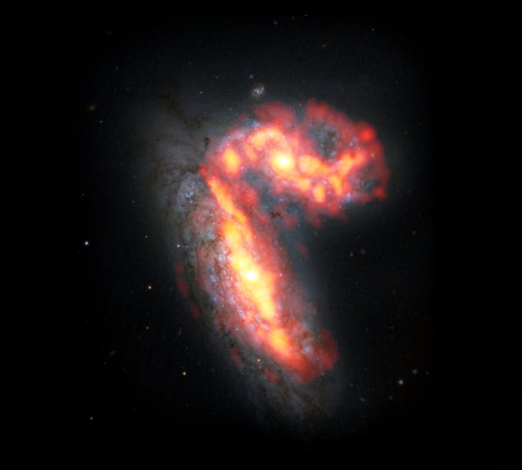 a comma-shaped image of an orange spiral galaxy