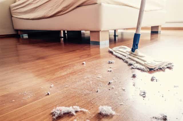 A pile of dust is swept from under a bed.