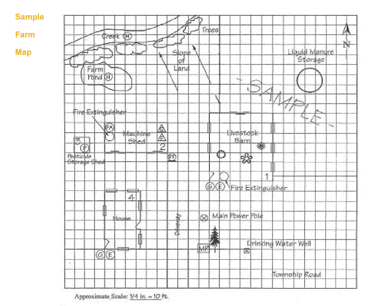 A plan of farm buildings and nearby creek sketched on graph paper.