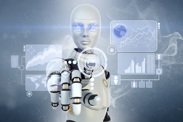A white robot points at transparent icons