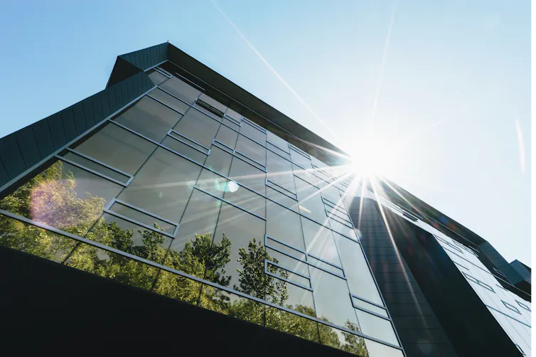 The sun shines over an office building with trees at its base.