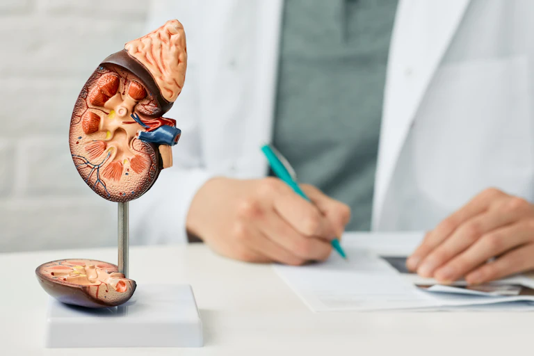 Photo d’illustration, modèle de rein avec un docteur en arrière plan.