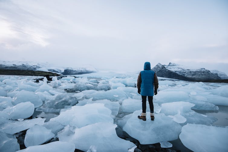 man stands on ice looking at Arctic scene