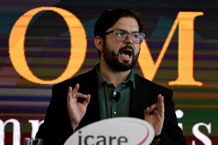 Left-wing Chilean presidential candidate, Gabriel Boric, makes a speech ahead of the November 21 election.