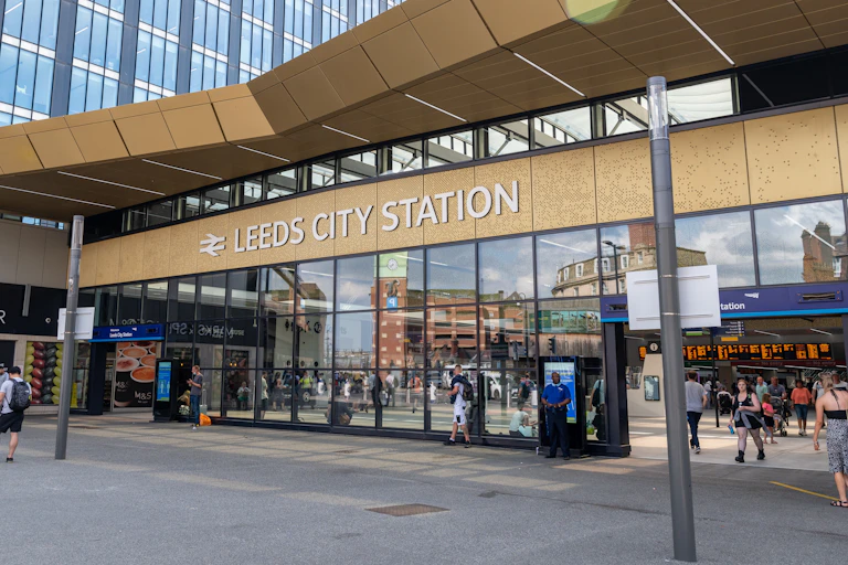 The entrance to Leeds City station