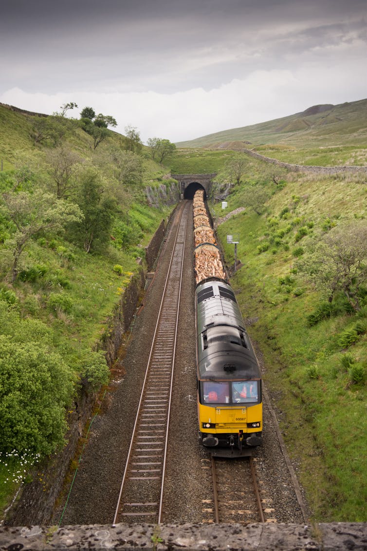 A Class 60 locomotive hauling a freight train of timber through Blea Moor Tunnel on the Settle-Carlisle Railway in the remote Yorkshire Dales National Park