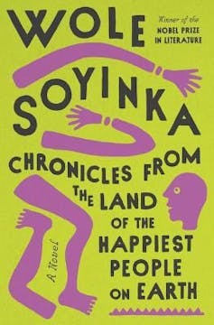 A graphic book cover featuring the words 'Chronicles from the Land of the Happiest People on Earth' and illustrations of a human head, two arms, two legs, dislocated from one another.