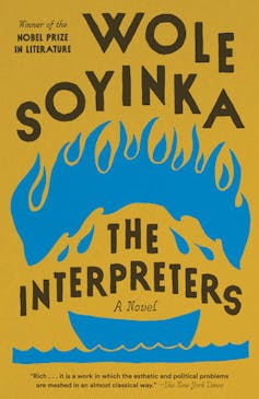 A book cover reading 'The Interpreters A Novel' and featuring an illustration of a boat at sea, its sails are flames