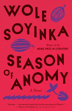 A book cover with the words 'Season of Anomy' featuring illustrations of fruit and seeds, one sprouting.