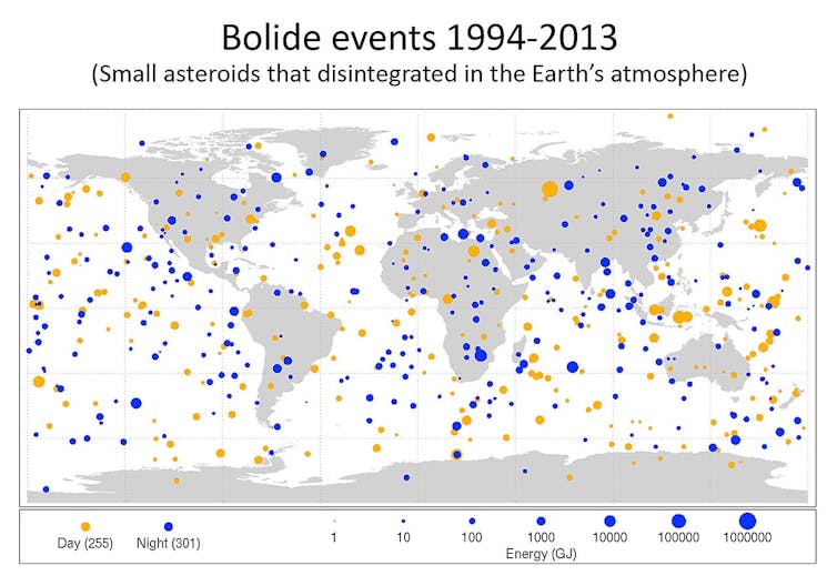 Small asteroid impacts showing day-time impacts (in yellow) and night-time impacts (in blue). The size of each dot is proportional to the optical radiated energy of the impact. Image via NASA JPL