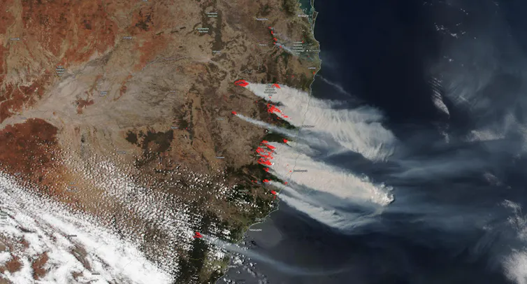 satellite image of major forest fires in New South Wales