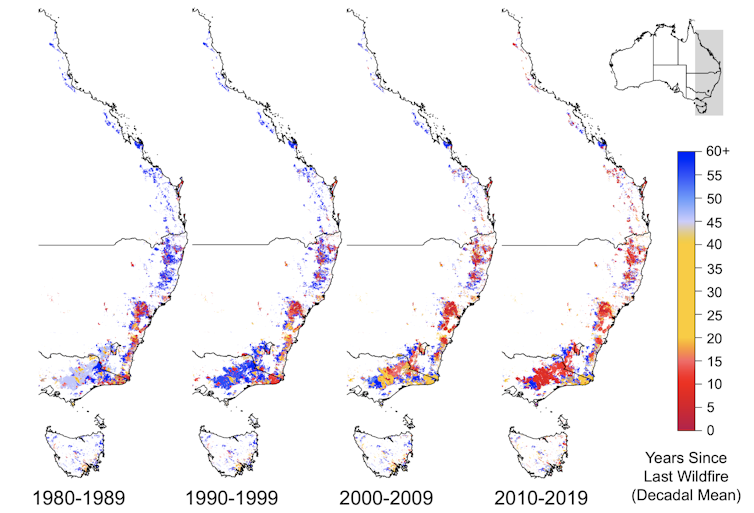 Map of Australia showing shortening years between forest fires