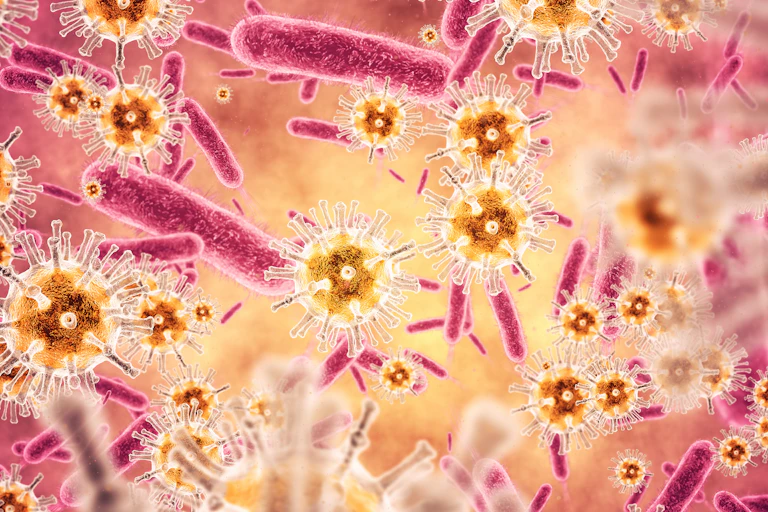 artist's rendition of viruses and bacteria