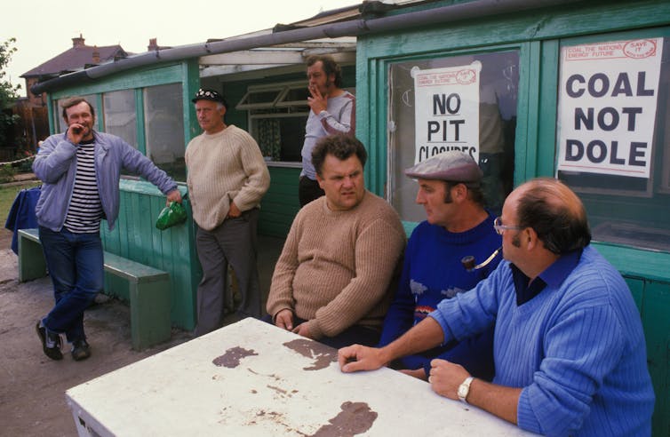 Coal miners on strike in 1984 in Shirebrook, Derbyshire.