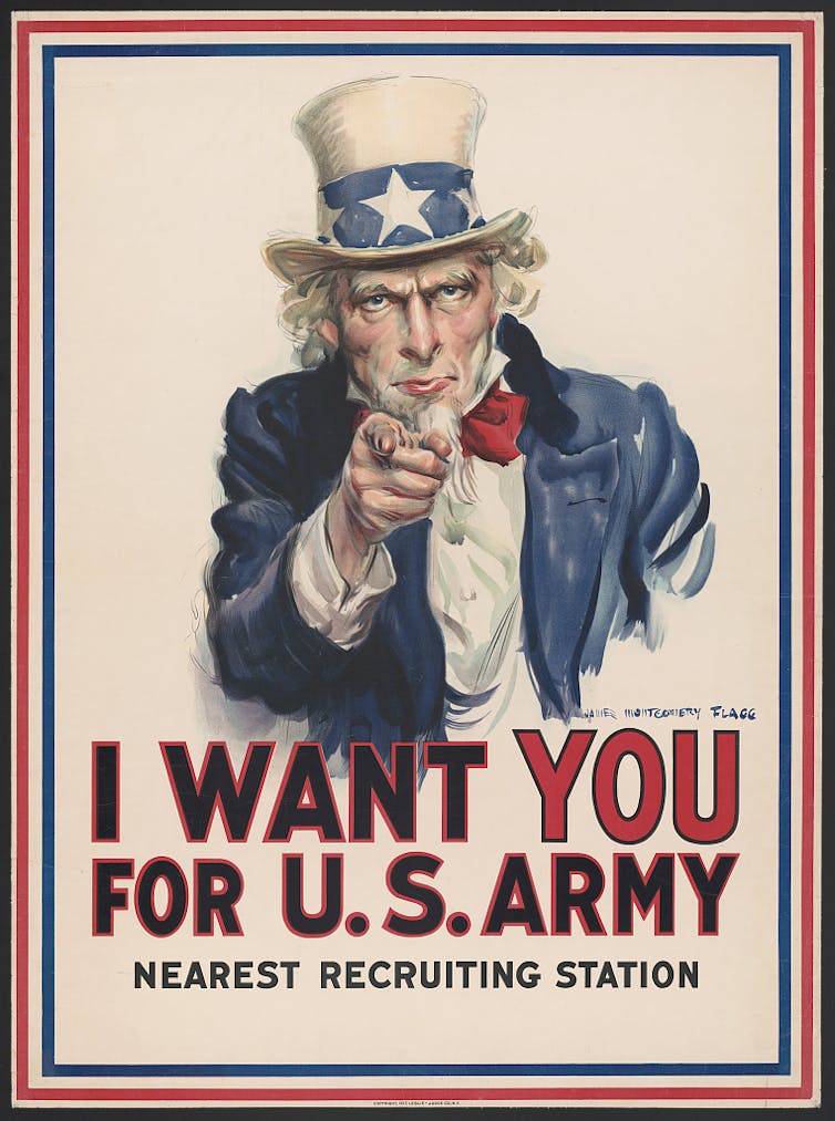 Uncle Sam points at the onlooker in an iconic 'I Want You for the U.S. Army' recruitment poster.