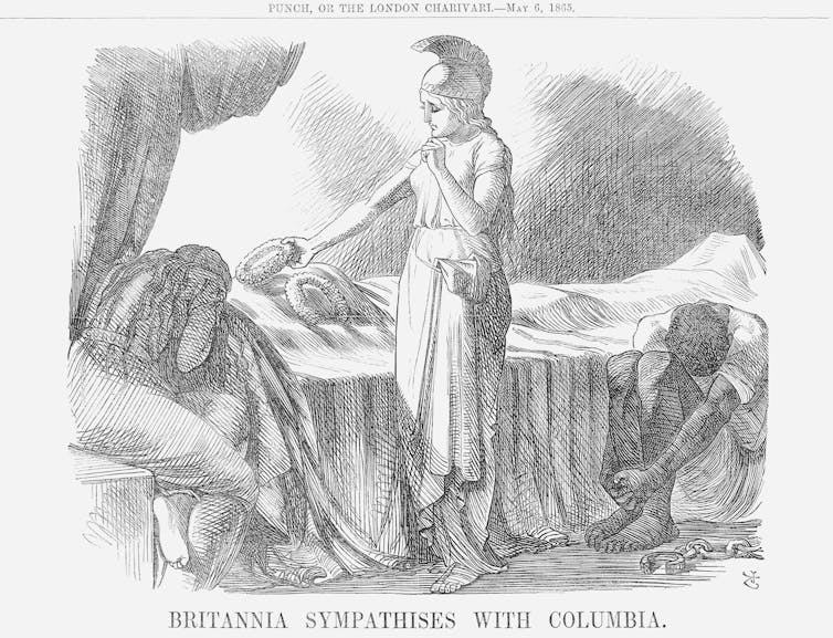 A sorrowful Britannia, standing, lays a wreath on Lincoln's shrouded body while Columbia weeps as she clutches the U.S. flag and a freed enslaved person mourns.