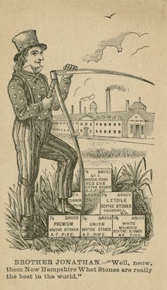 Brother Jonathan holds a scythe in a 19th-century postcard.