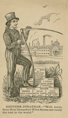 Brother Jonathan holds a scythe in a 19th-century postcard.