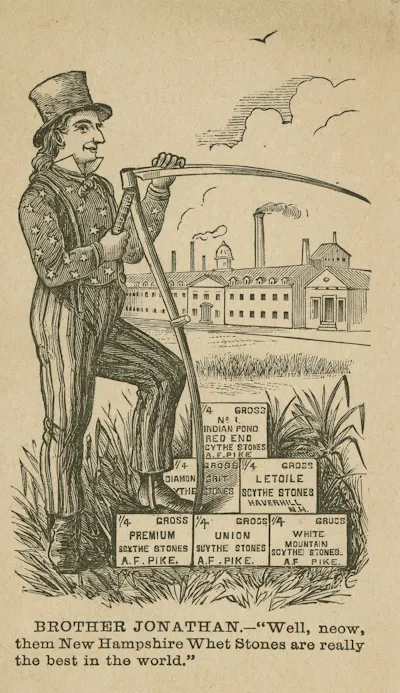 Brother Jonathan holds a scythe in a 19th-century postcard.
