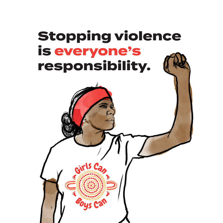 A person stands with their fist in the air, with the text 'stopping violence is everyone's responsibility'