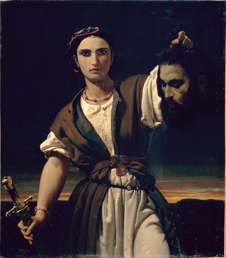 A dark painting depicts a woman holding a sword and a man's decapitated head.