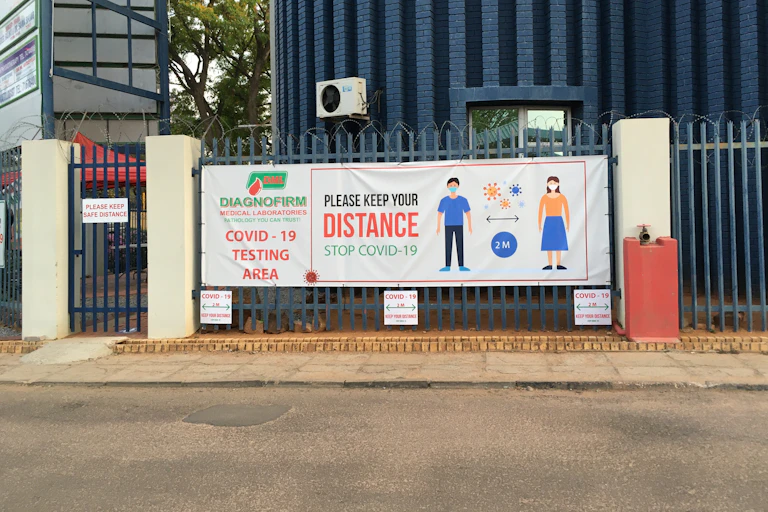Sign on a COVID testing facility in Botswana.