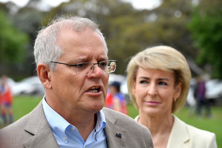 Scott Morrison and Michaelia Cash speaking to the media