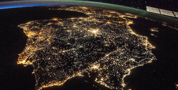 Nightlights across Spain and Portugal shown from above.