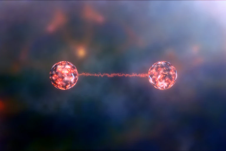 An illustration of two glowing reddish-blue orbs that appear to be connected by a flash of red light