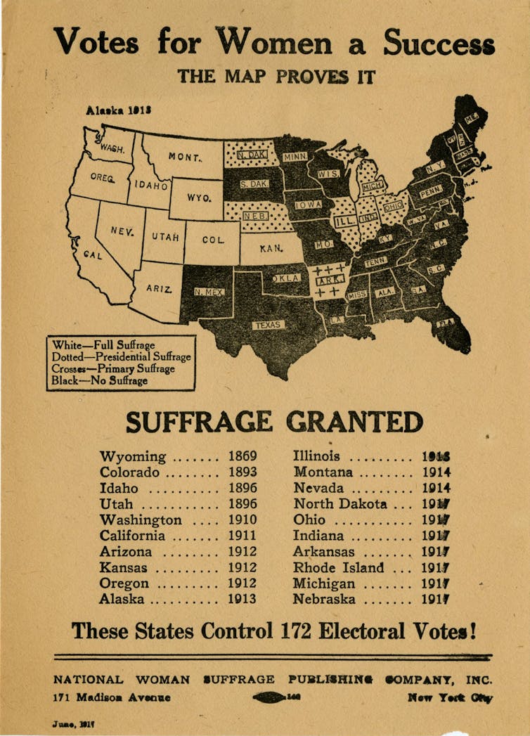 A map showing states where women had been granted the vote