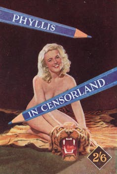 A naked woman on a tiger-skin rug with her breasts and genitals concealed by blue pencils