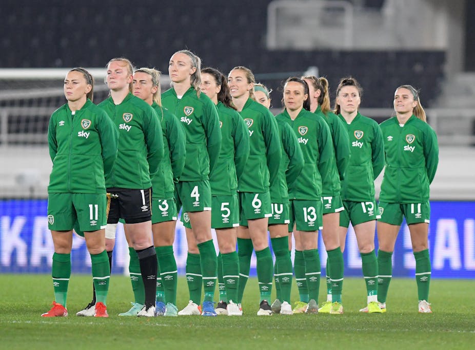 The Ireland women's team line up before a FIFA Womens World Cup qualifying game in 2021.