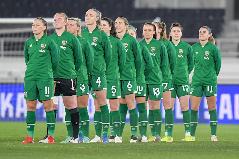 The Ireland women's team line up before a FIFA Womens World Cup qualifying game in 2021.