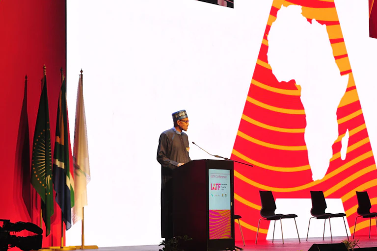 Nigeria's President Buhari makes a speech at the 2021 Intra-African Trade Fair in Durban, South Africa.