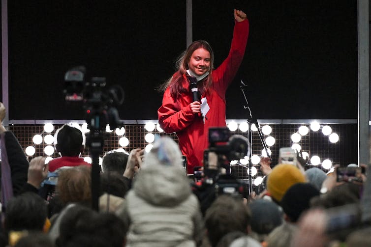 Climate activist Greta Thunberg speaks during the Fridays For Future COP26 march in Glasgow.