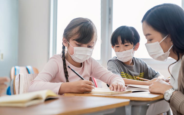 Children wearing masks in a classroom with their teacher.