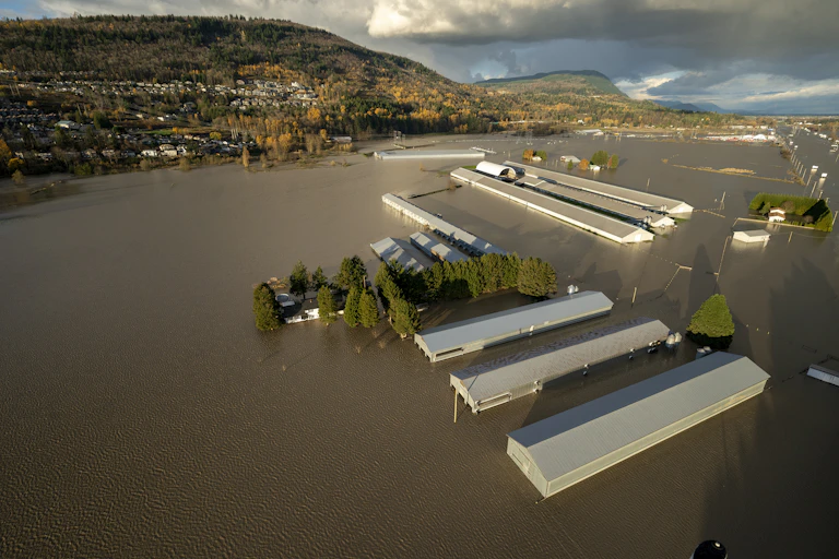 Aerial view of a series of long barns partially submerged by brown floodwater