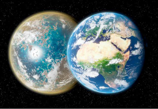 Image of the early Earth, red from iron, next to a picture of the Earth today.