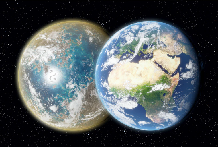 Image of the early Earth, red from iron, next to a picture of the Earth today.