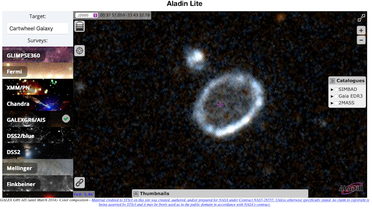 Online view in Aladin Lite of the Cartwheel Galaxy in GALEX UV wavelengths.