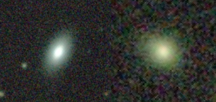 Examples of elliptical galaxies. This type of galaxy has an approximately ellipsoidal shape and a smooth, nearly featureless image.