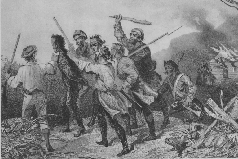 Men in colonial garb beating a government official with sticks