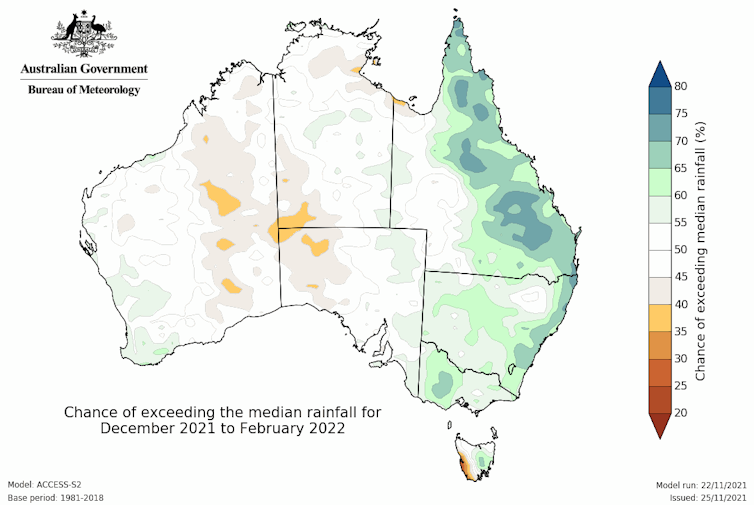 Map of Australia showing eastern coast higher rainfall prediction