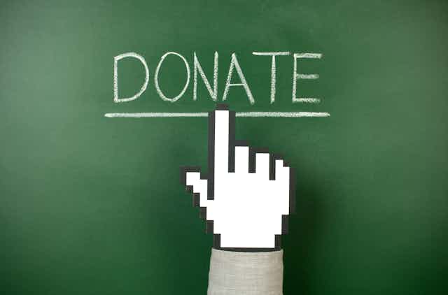 online cursor hovers over the word donate against a green background